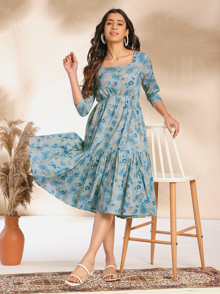 Light-Blue-Cotton-Floral-Printed-Square-Neck-Dress