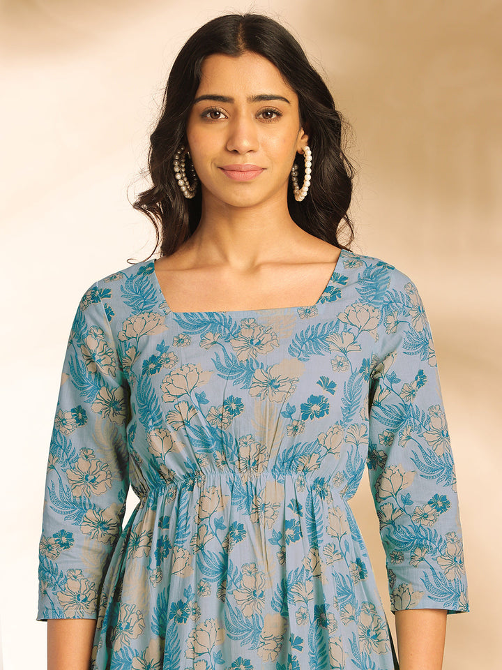 Light-Blue-Cotton-Floral-Printed-Square-Neck-Dress