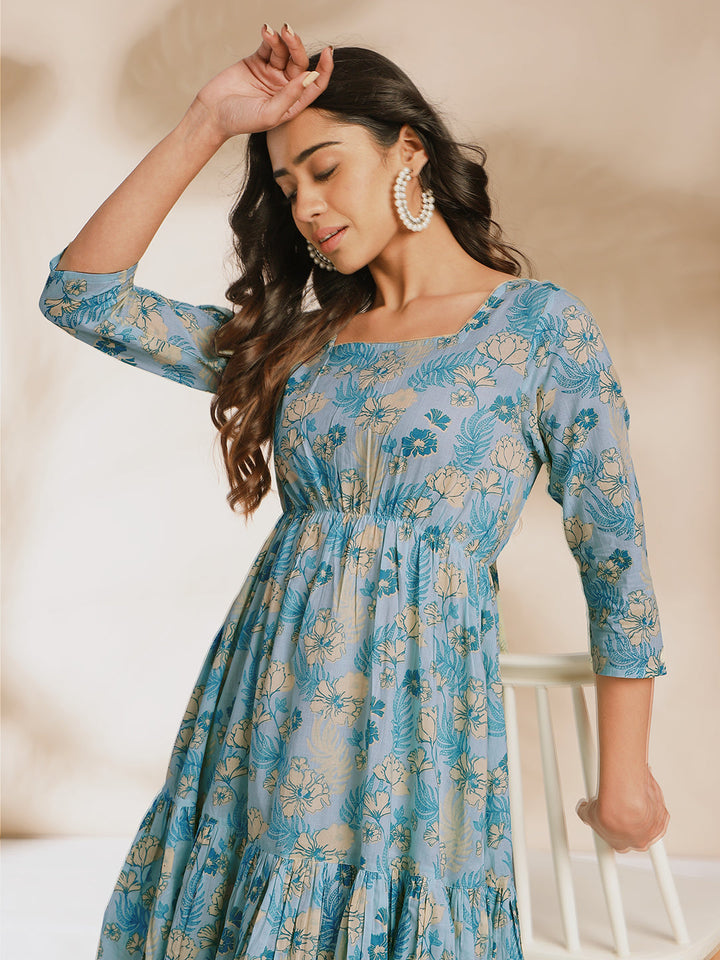 Light-Blue-Cotton-Floral-Printed-Square-Neck-Dress