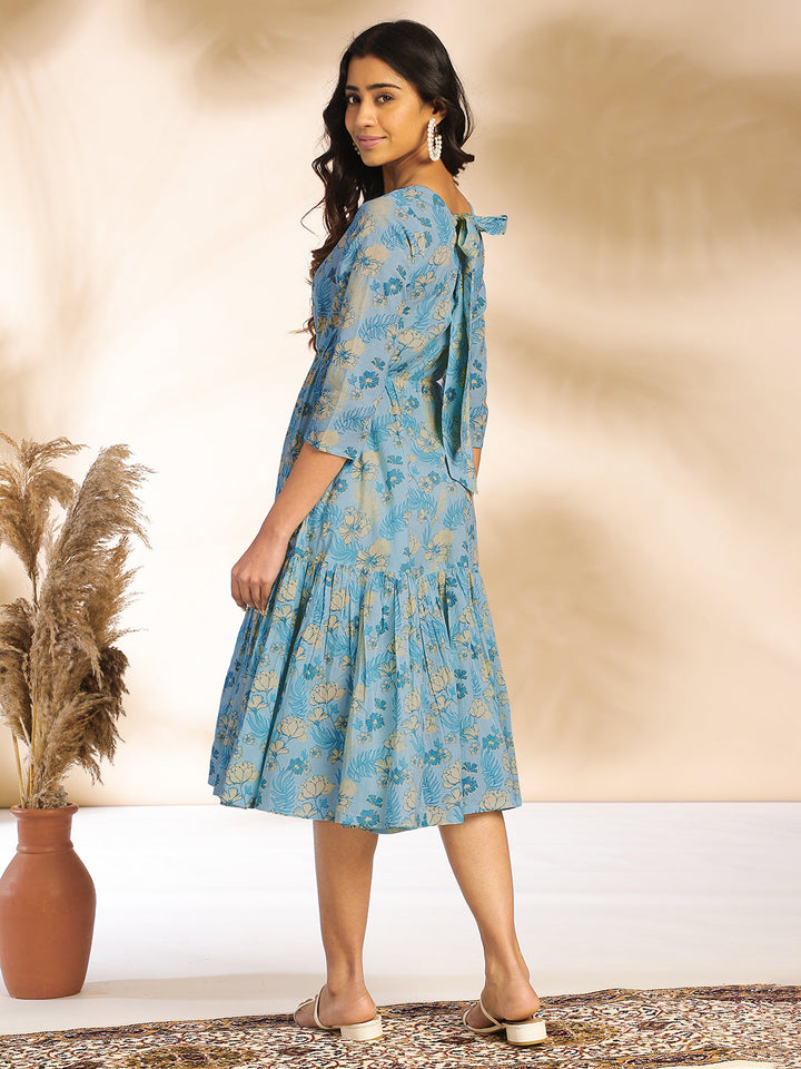 Light-Blue-Cotton-Floral-Printed-Square-Neck-Dress