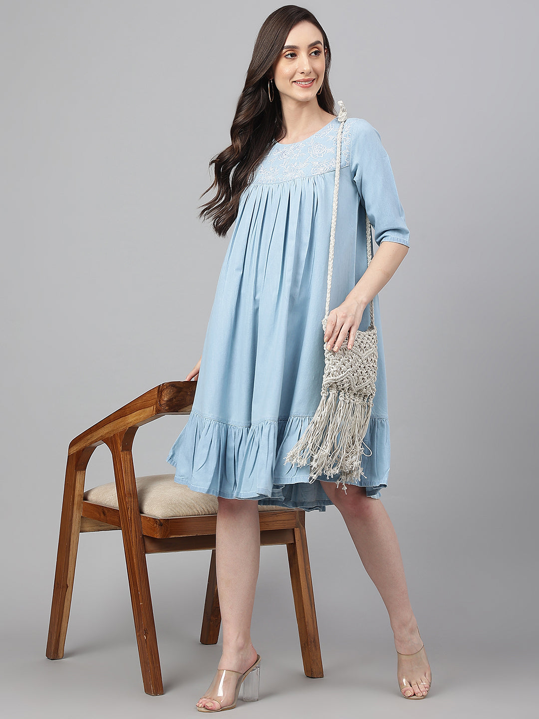 ZERESOUQ-Light-Blue-Denim-Half-Sleeve-Flared-Dress