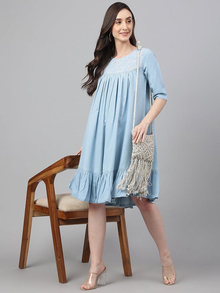 Light-Blue-Denim-Half-Sleeve-Flared-Dress