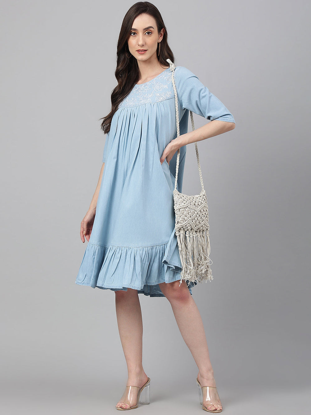 ZERESOUQ-Light-Blue-Denim-Half-Sleeve-Flared-Dress