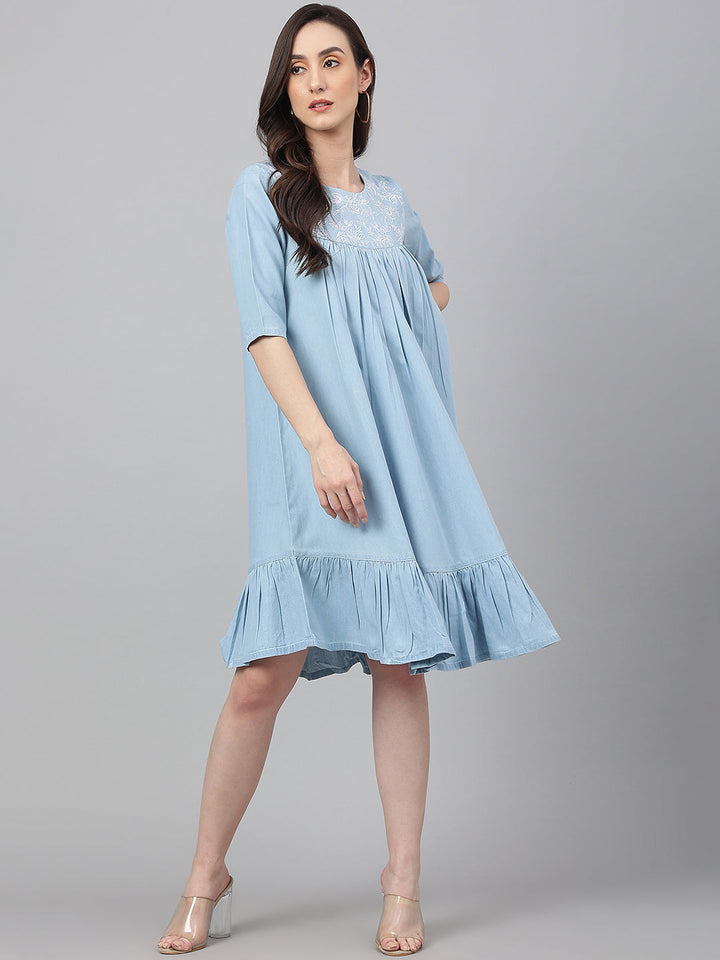 Light-Blue-Denim-Half-Sleeve-Flared-Dress