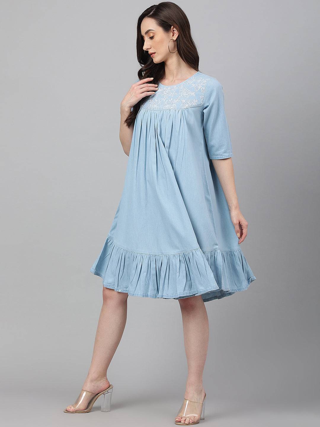 Light-Blue-Denim-Half-Sleeve-Flared-Dress