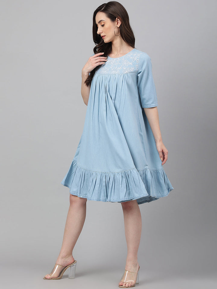 Light-Blue-Denim-Half-Sleeve-Flared-Dress