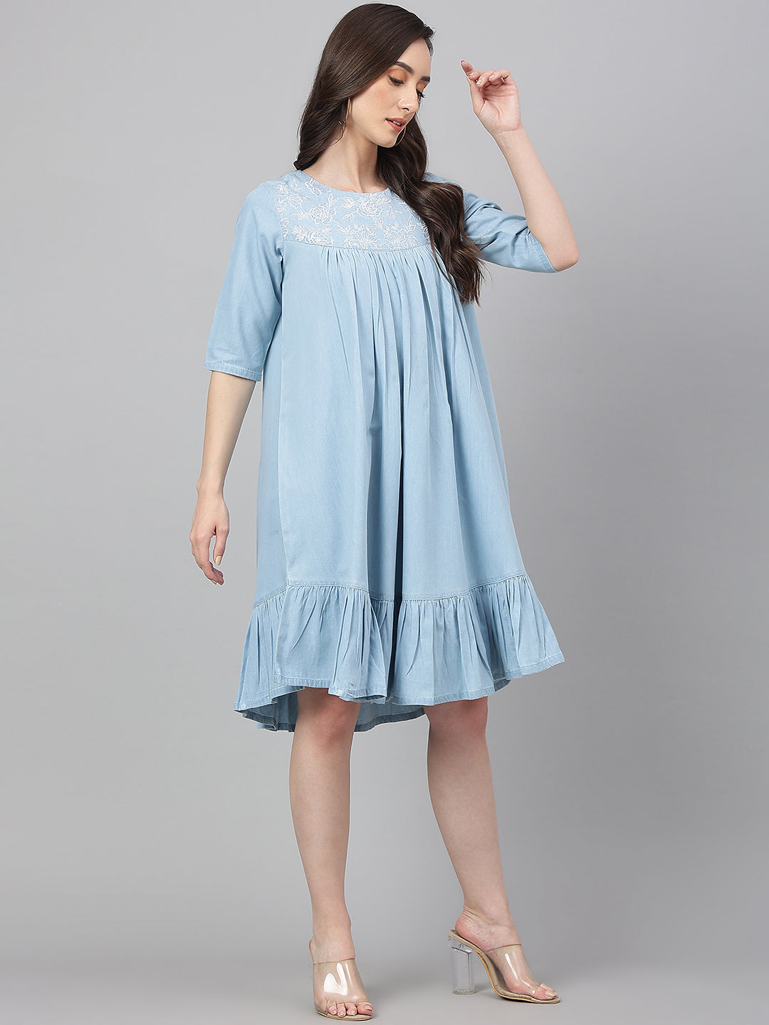 Light-Blue-Denim-Half-Sleeve-Flared-Dress