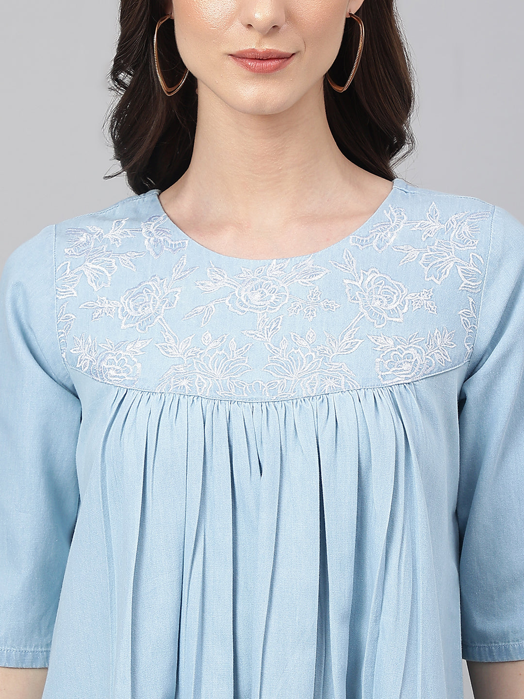 Light-Blue-Denim-Half-Sleeve-Flared-Dress