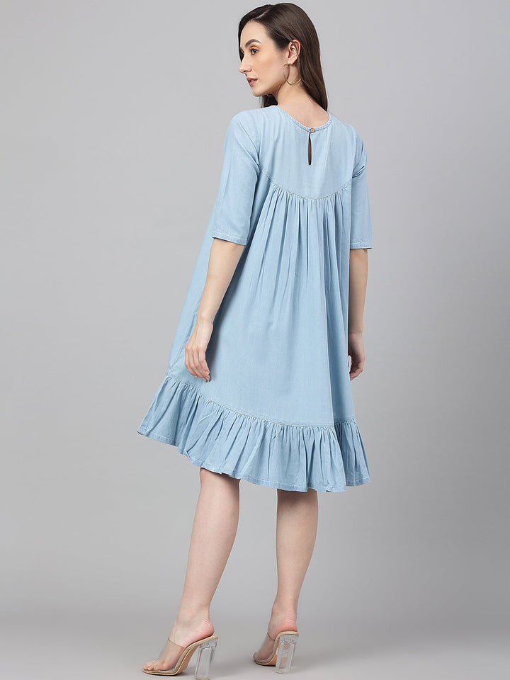 Light-Blue-Denim-Half-Sleeve-Flared-Dress