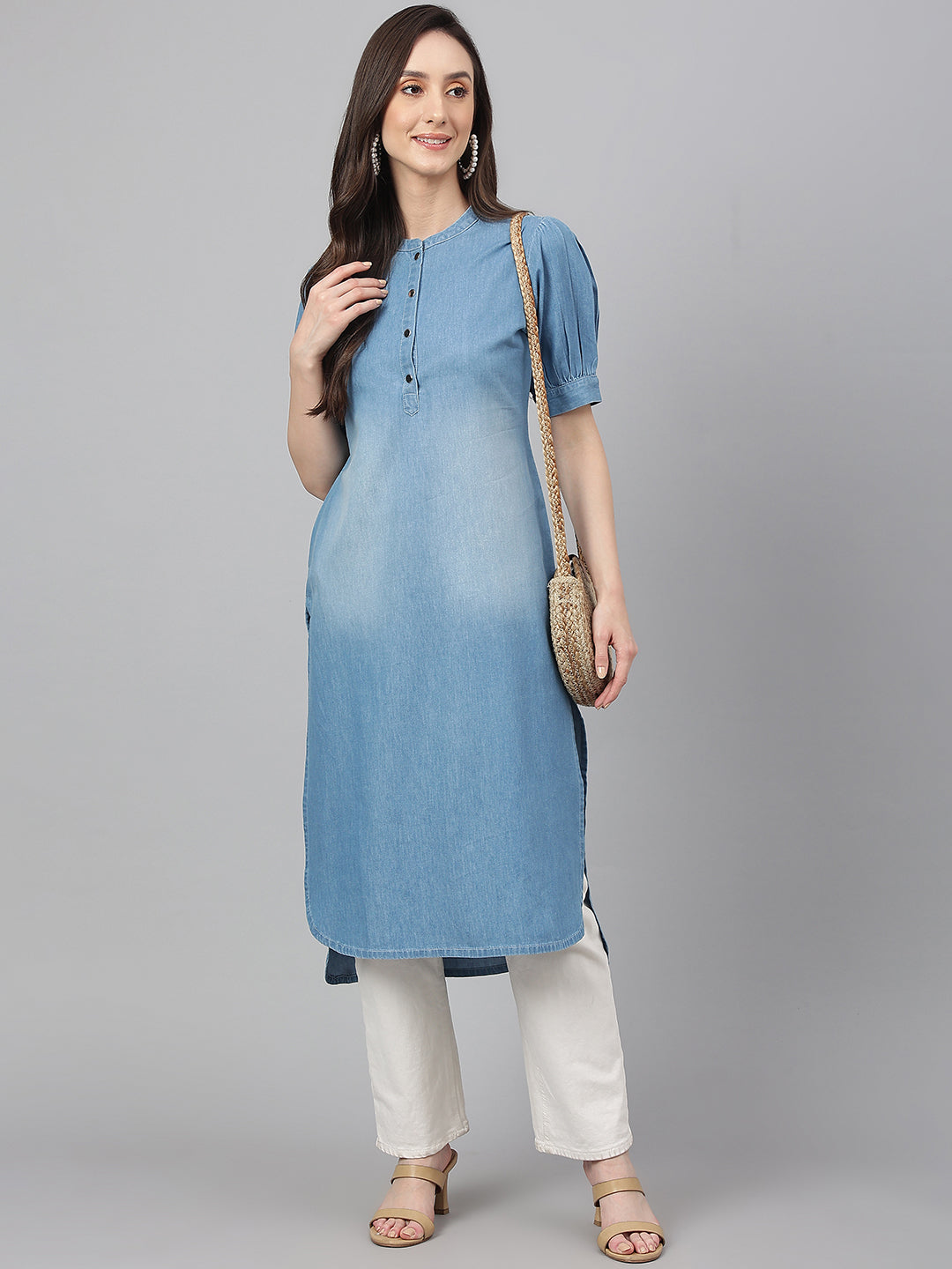 ZERESOUQ-Light-Blue-Denim-Puff-Sleeve-Solid-Kurta