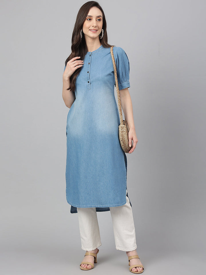 Light-Blue-Denim-Puff-Sleeve-Solid-Kurta