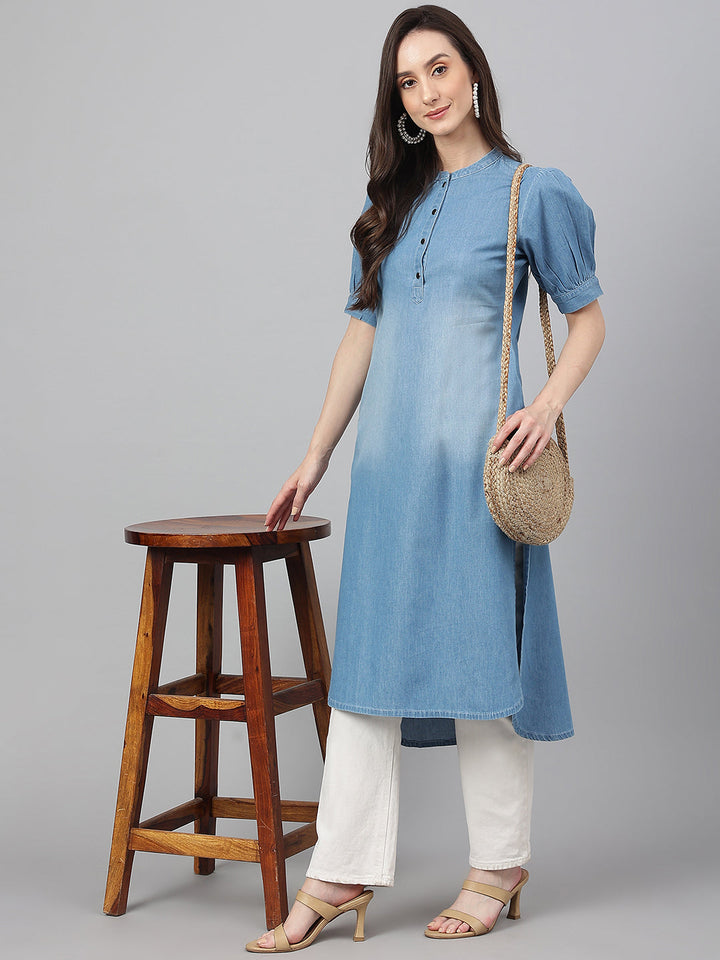 Light-Blue-Denim-Puff-Sleeve-Solid-Kurta