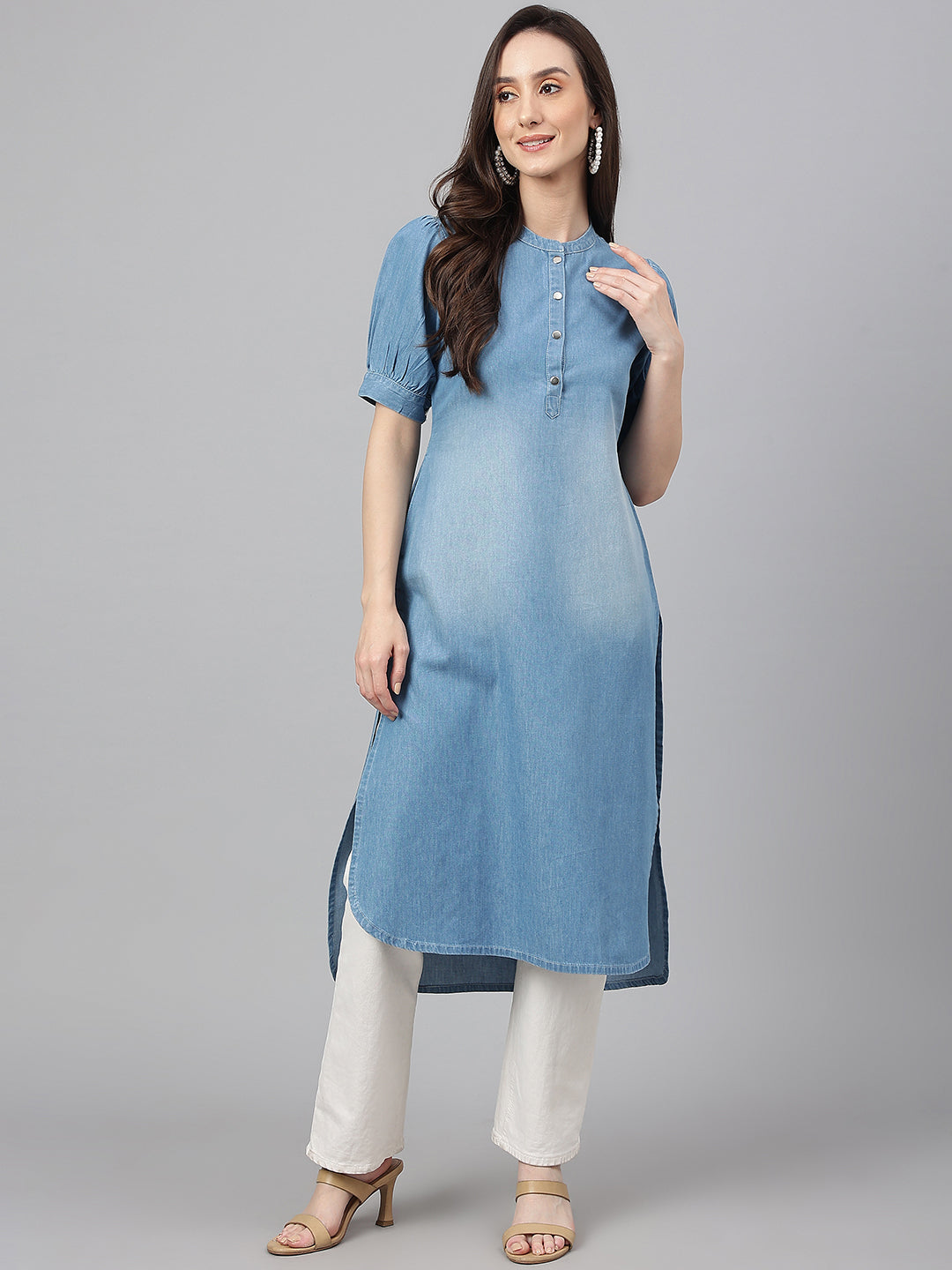 Light-Blue-Denim-Puff-Sleeve-Solid-Kurta