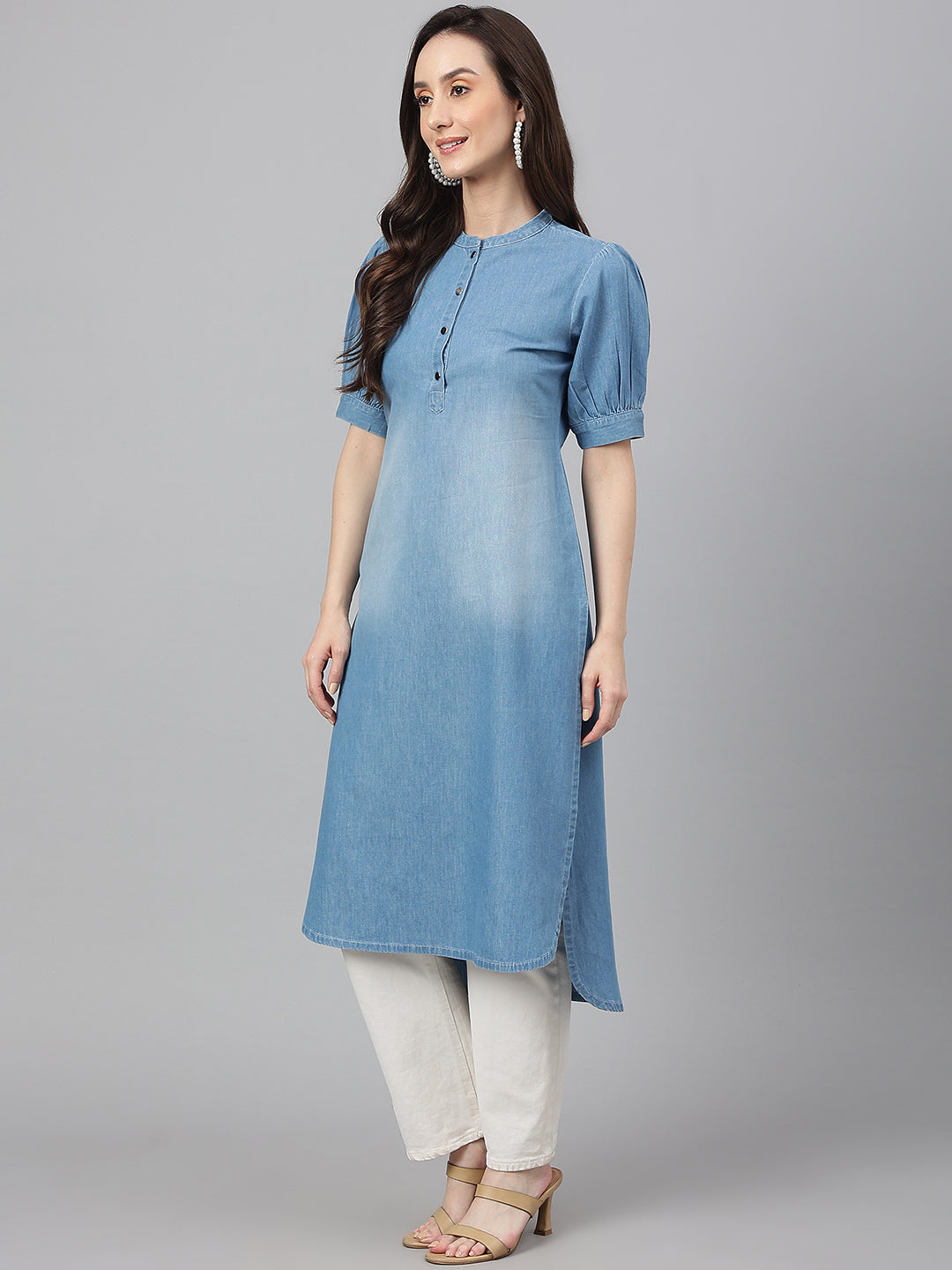 Light-Blue-Denim-Puff-Sleeve-Solid-Kurta