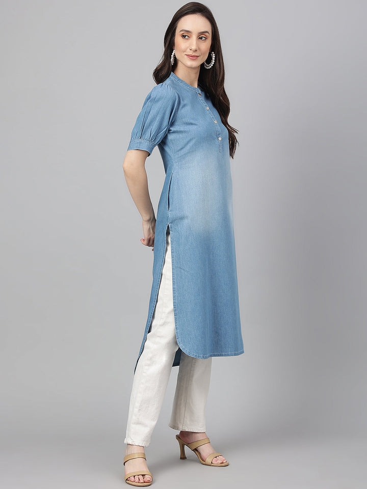 Light-Blue-Denim-Puff-Sleeve-Solid-Kurta