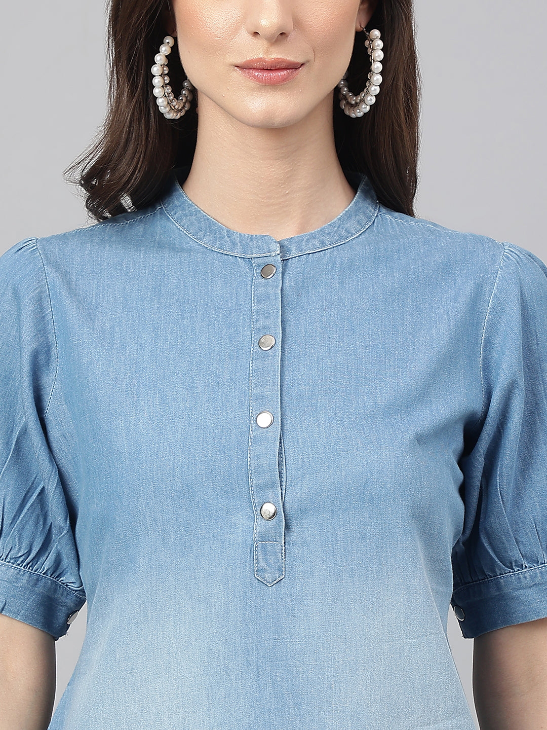 Light-Blue-Denim-Puff-Sleeve-Solid-Kurta