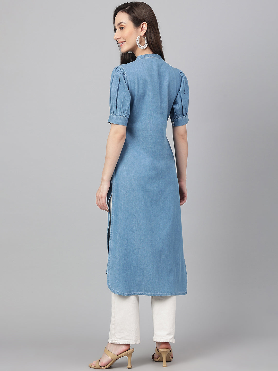 Light-Blue-Denim-Puff-Sleeve-Solid-Kurta