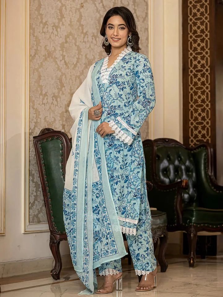 Light-Blue-Cotton-Floral-Print-Straight-3-Piece-Kurta-Set