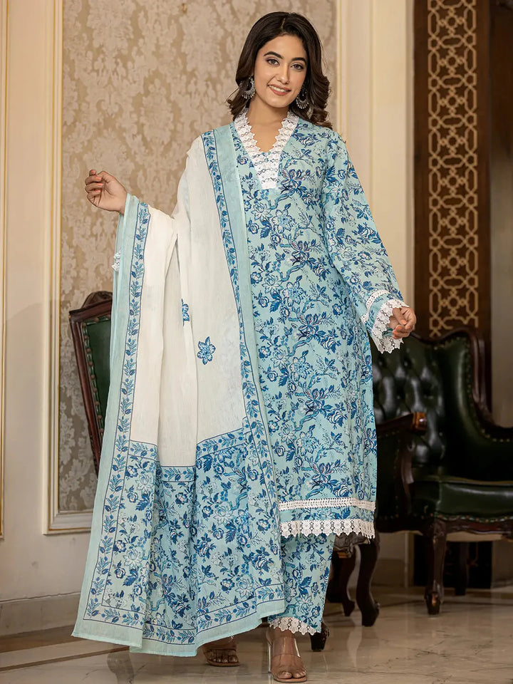 Light-Blue-Cotton-Floral-Print-Straight-3-Piece-Kurta-Set