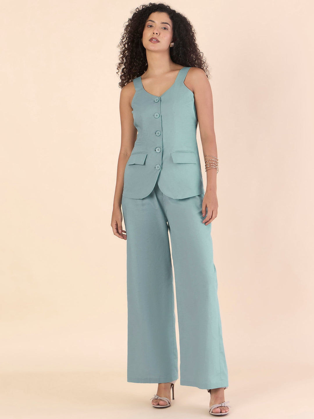 Light-Blue-Cotton-Blend-Breezy-V-Neckline-Co-Ord-Set