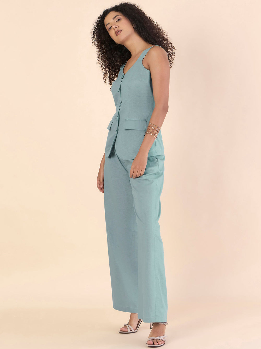 Light-Blue-Cotton-Blend-Breezy-V-Neckline-Co-Ord-Set