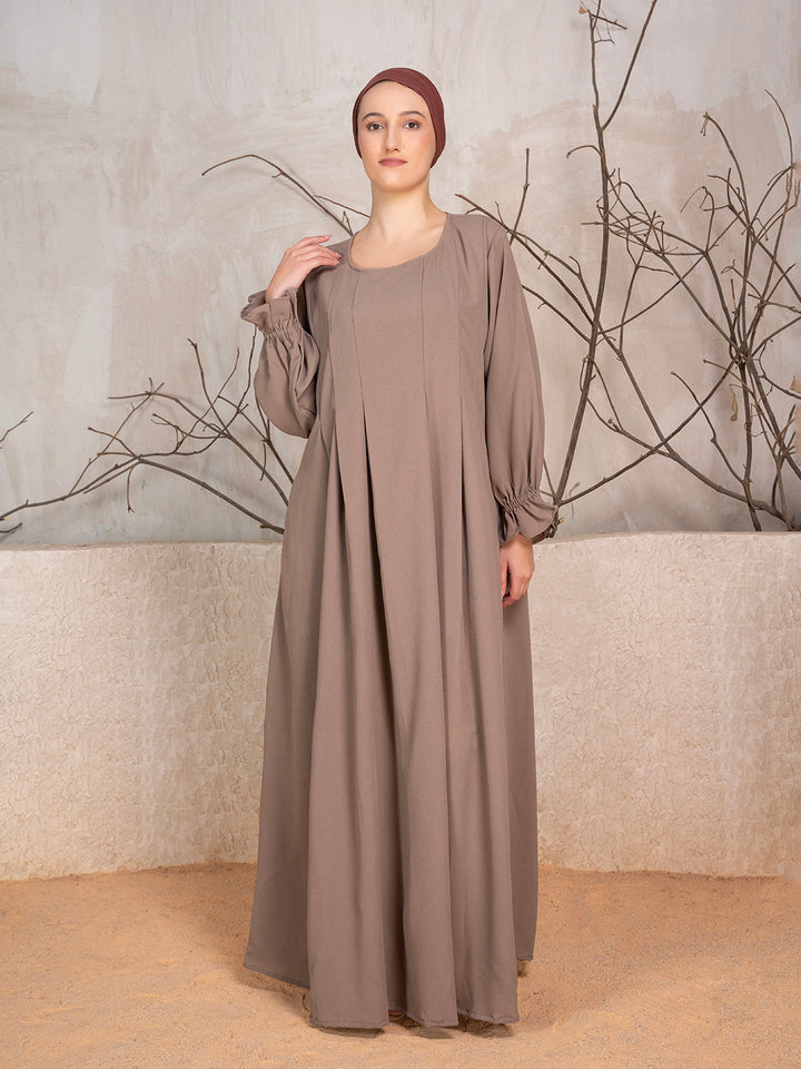 Light Brown Crushed Fabric Abaya With Khimar