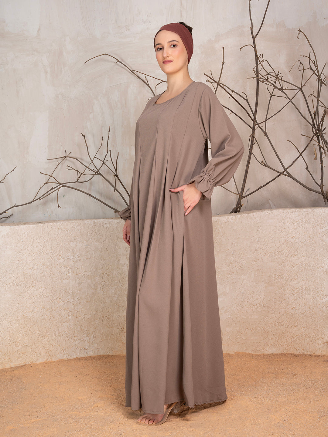 Light Brown Crushed Fabric Abaya With Khimar