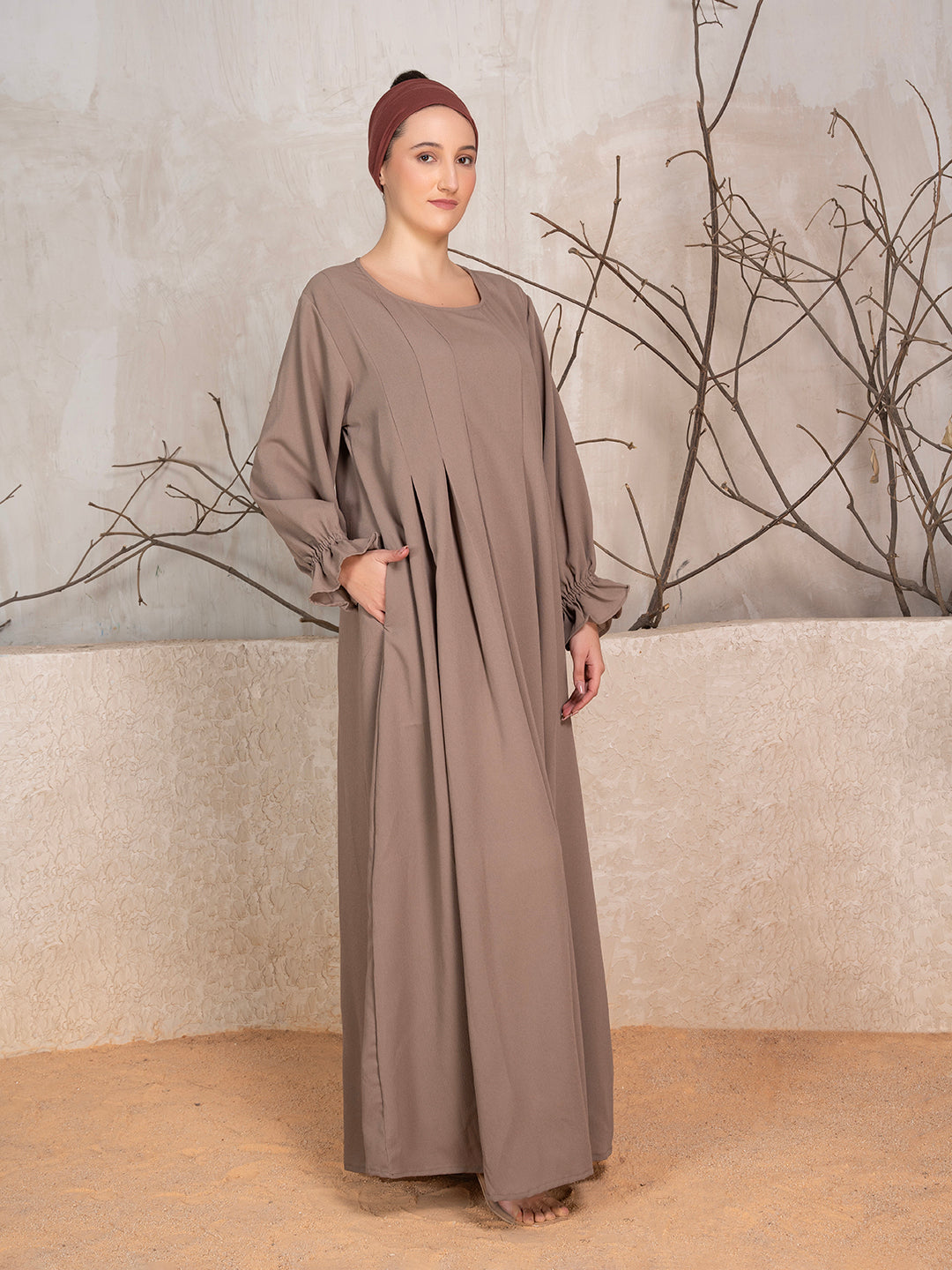 Light Brown Crushed Fabric Abaya With Khimar