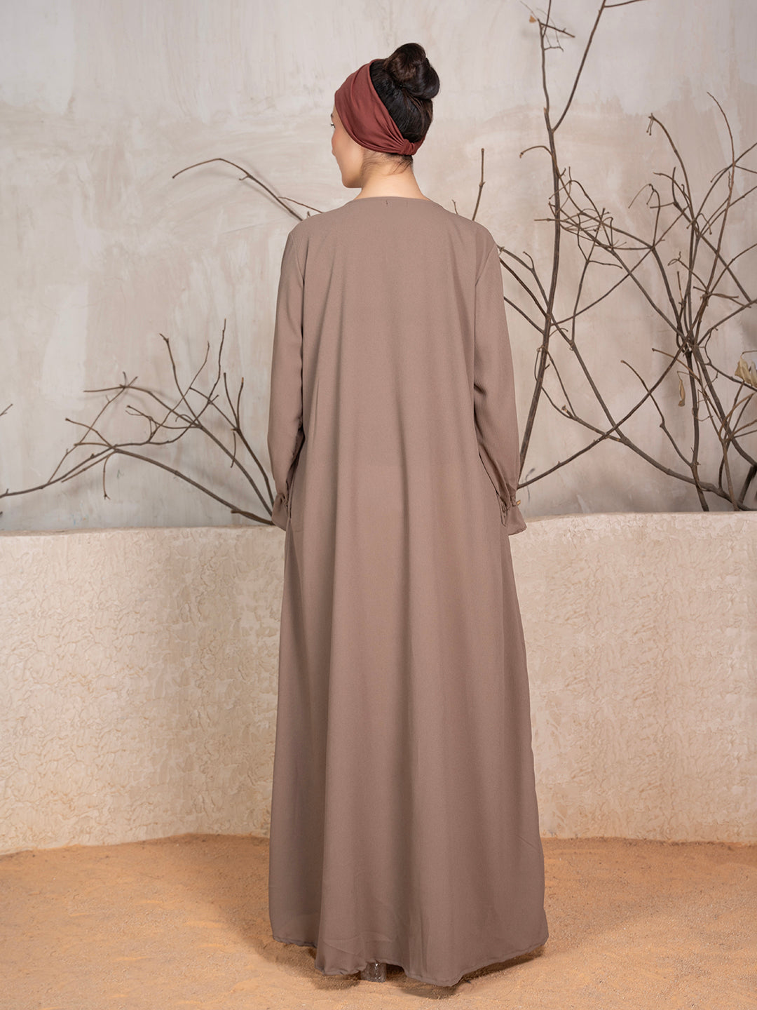 Light Brown Crushed Fabric Abaya With Khimar