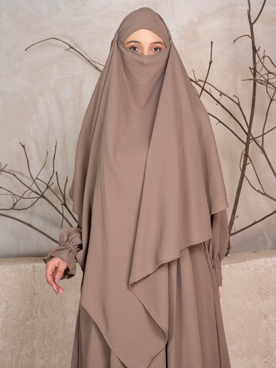 Light Brown Crushed Fabric Abaya With Khimar