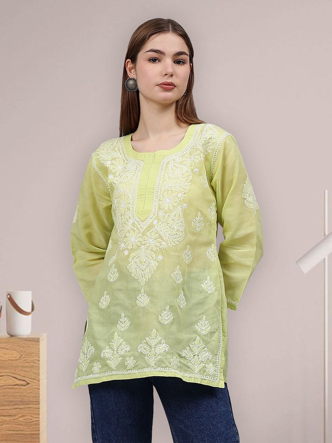 Light-Green-Terivoil-Cotton-Embroidered-Chikankari-Tunic