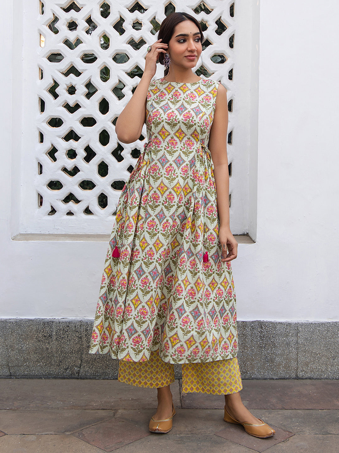 Light-Green-&-Yellow-Cambric-Pleated-2-Piece-Kurta-Set