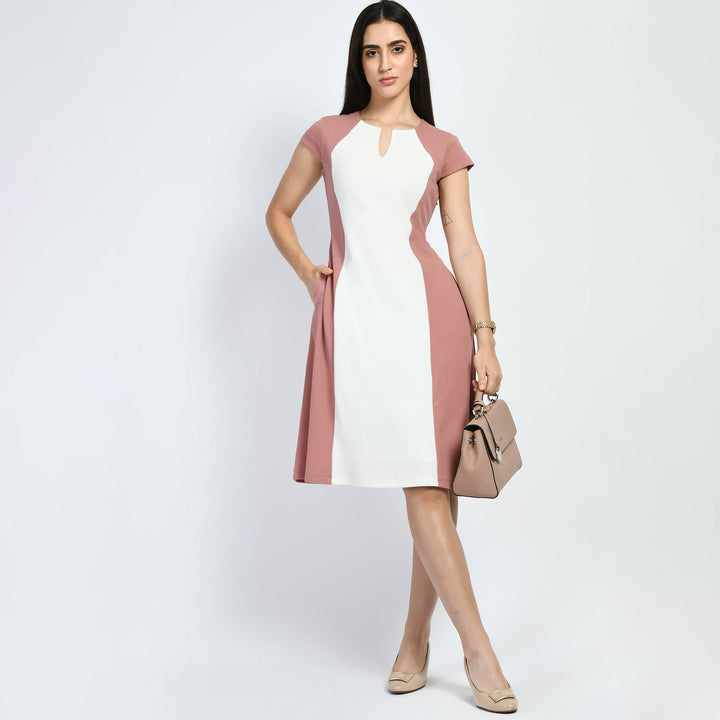 Light-Pink-Cotton-Blend-Blocked-Sculpt-A-Line-Dress