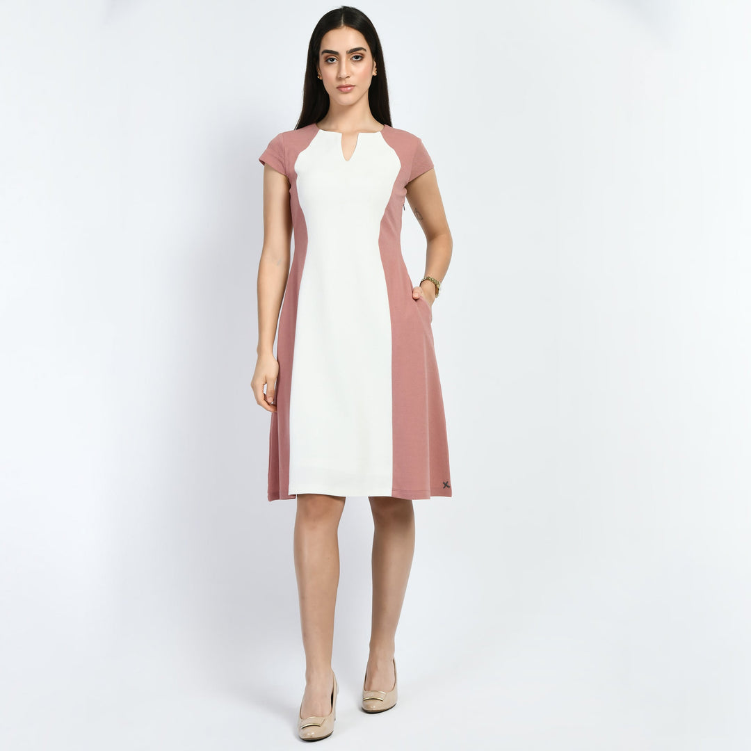 Light-Pink-Cotton-Blend-Blocked-Sculpt-A-Line-Dress