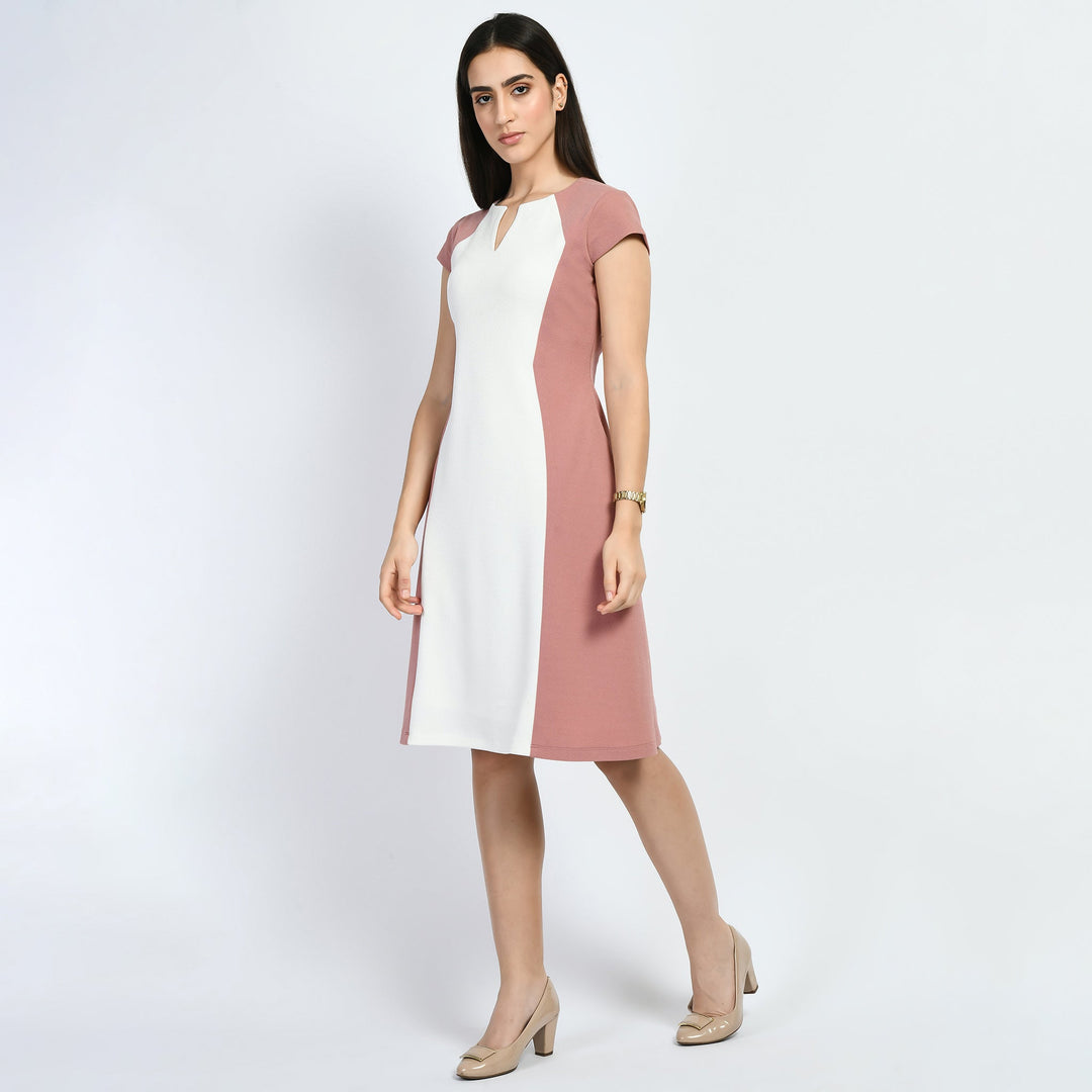 Light-Pink-Cotton-Blend-Blocked-Sculpt-A-Line-Dress