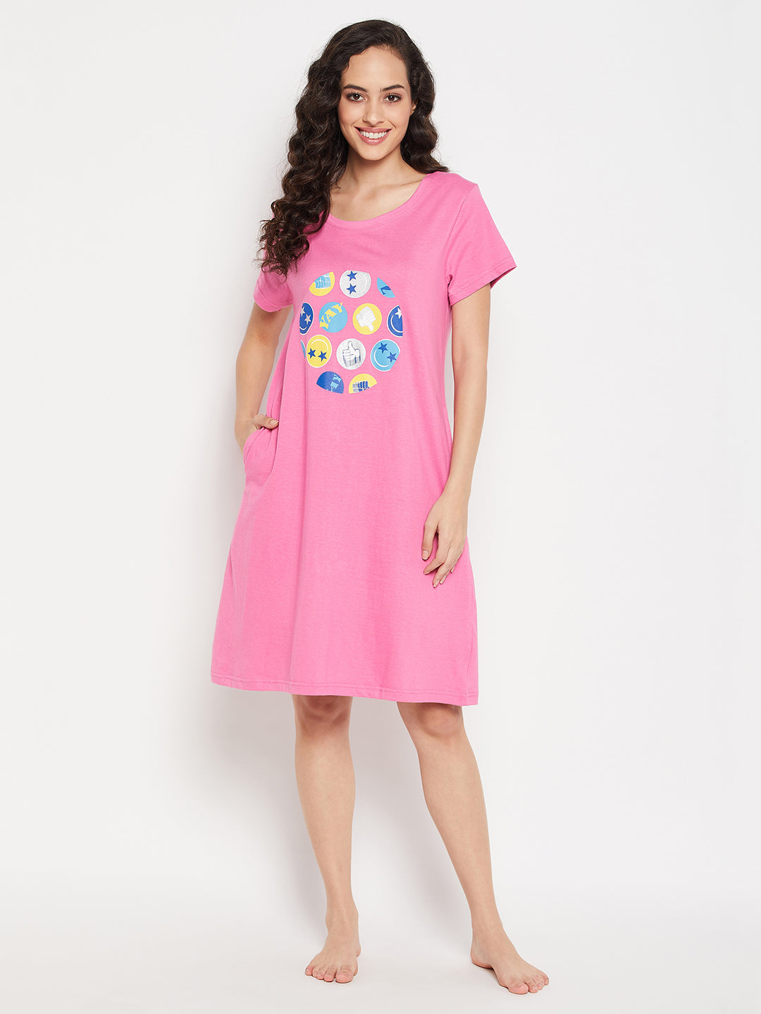 Light-Pink-Cotton-Emoji-Print-Short-Night-Dress