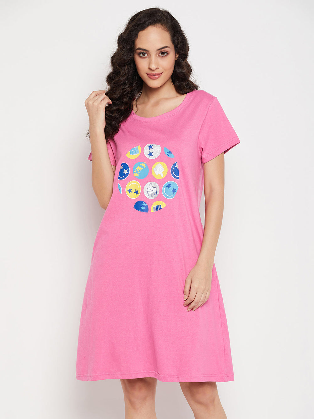 Light-Pink-Cotton-Emoji-Print-Short-Night-Dress