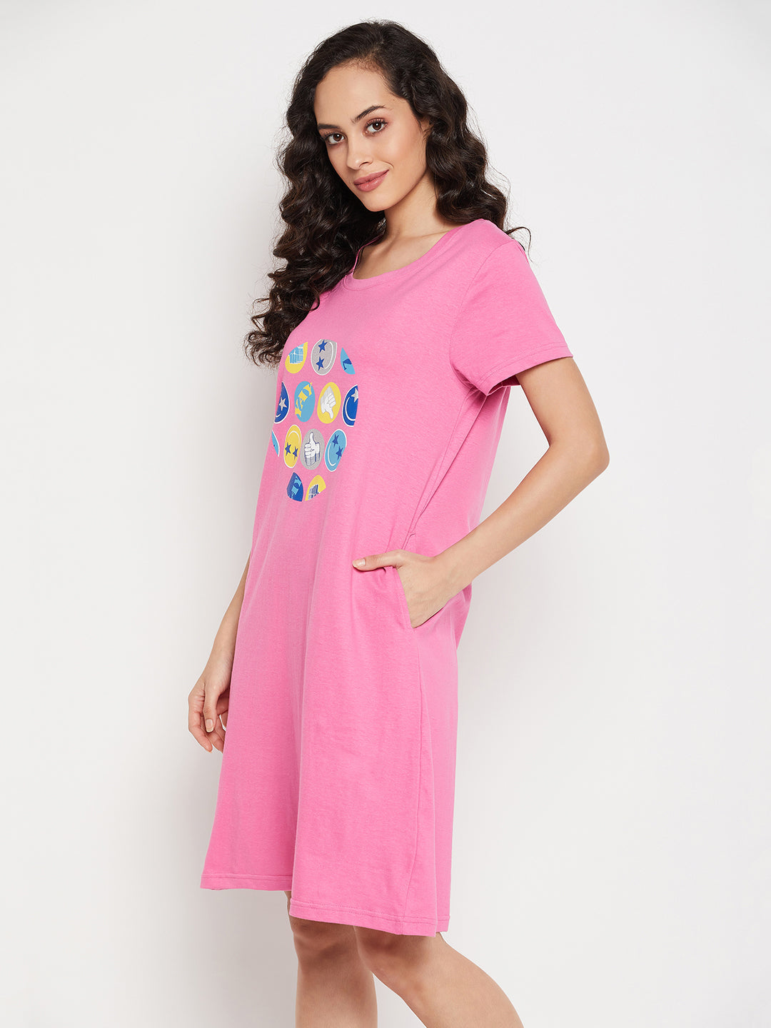 Light-Pink-Cotton-Emoji-Print-Short-Night-Dress