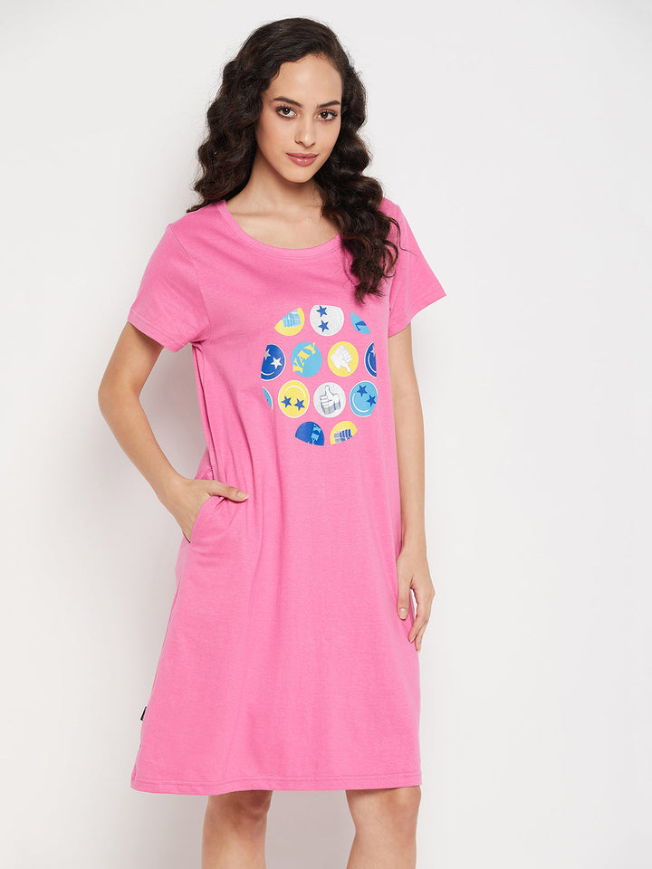 Light-Pink-Cotton-Emoji-Print-Short-Night-Dress