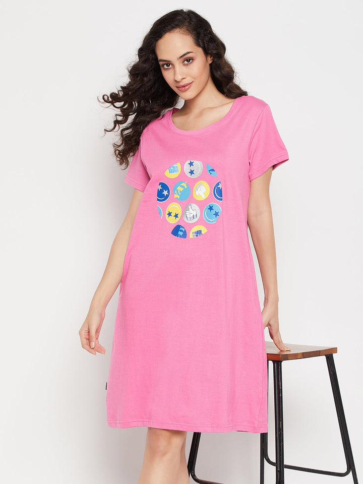 Light-Pink-Cotton-Emoji-Print-Short-Night-Dress