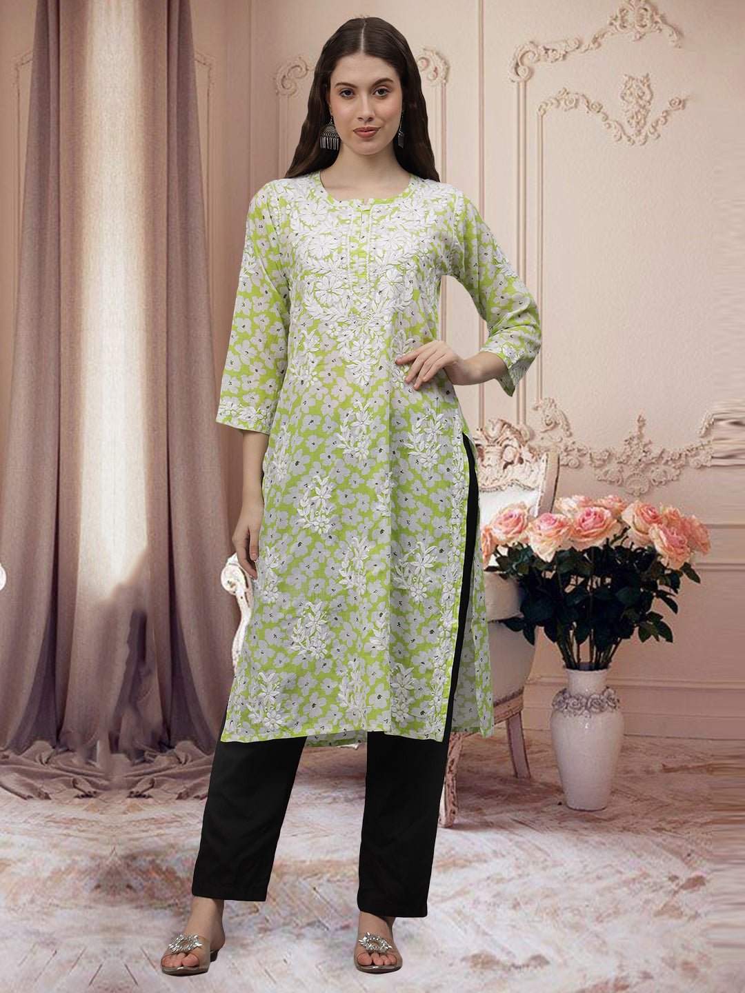 Light-Pista-Green-Mulmul-Embroidered-Chikankari-Kurti