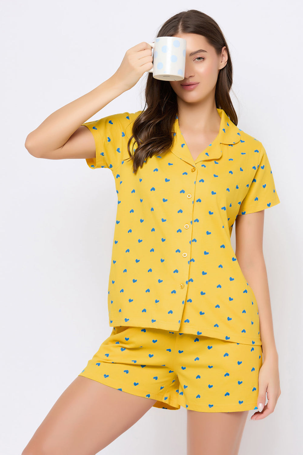 Light-Yellow-Cotton-Printed-Button-Down-Shirt-&-Shorts-Set