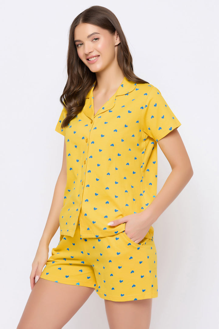 Light-Yellow-Cotton-Printed-Button-Down-Shirt-&-Shorts-Set