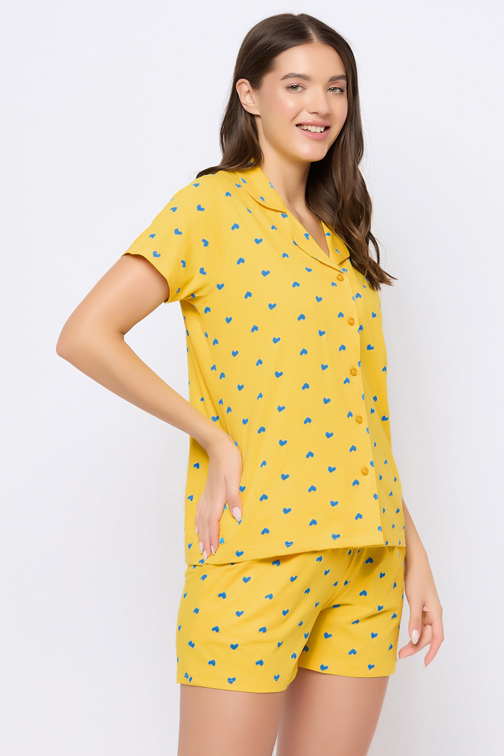 Light-Yellow-Cotton-Printed-Button-Down-Shirt-&-Shorts-Set