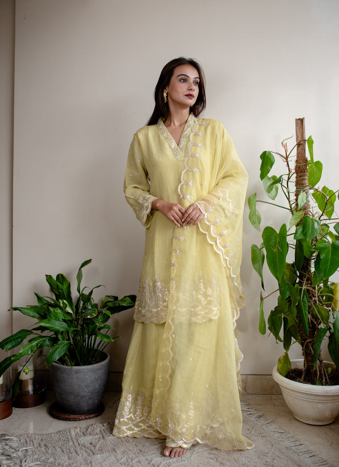 Light-Yellow-Tissue-Gotta-&-Pearl-Work-Sharara-Set