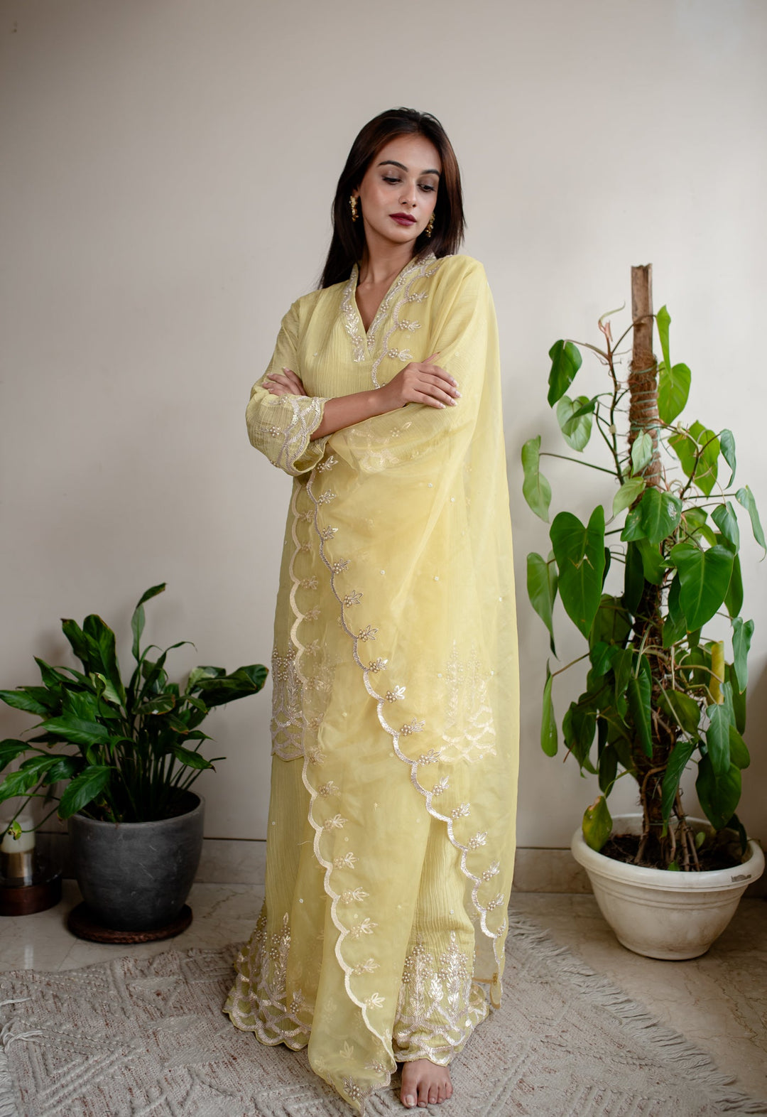 Light-Yellow-Tissue-Gotta-&-Pearl-Work-Sharara-Set