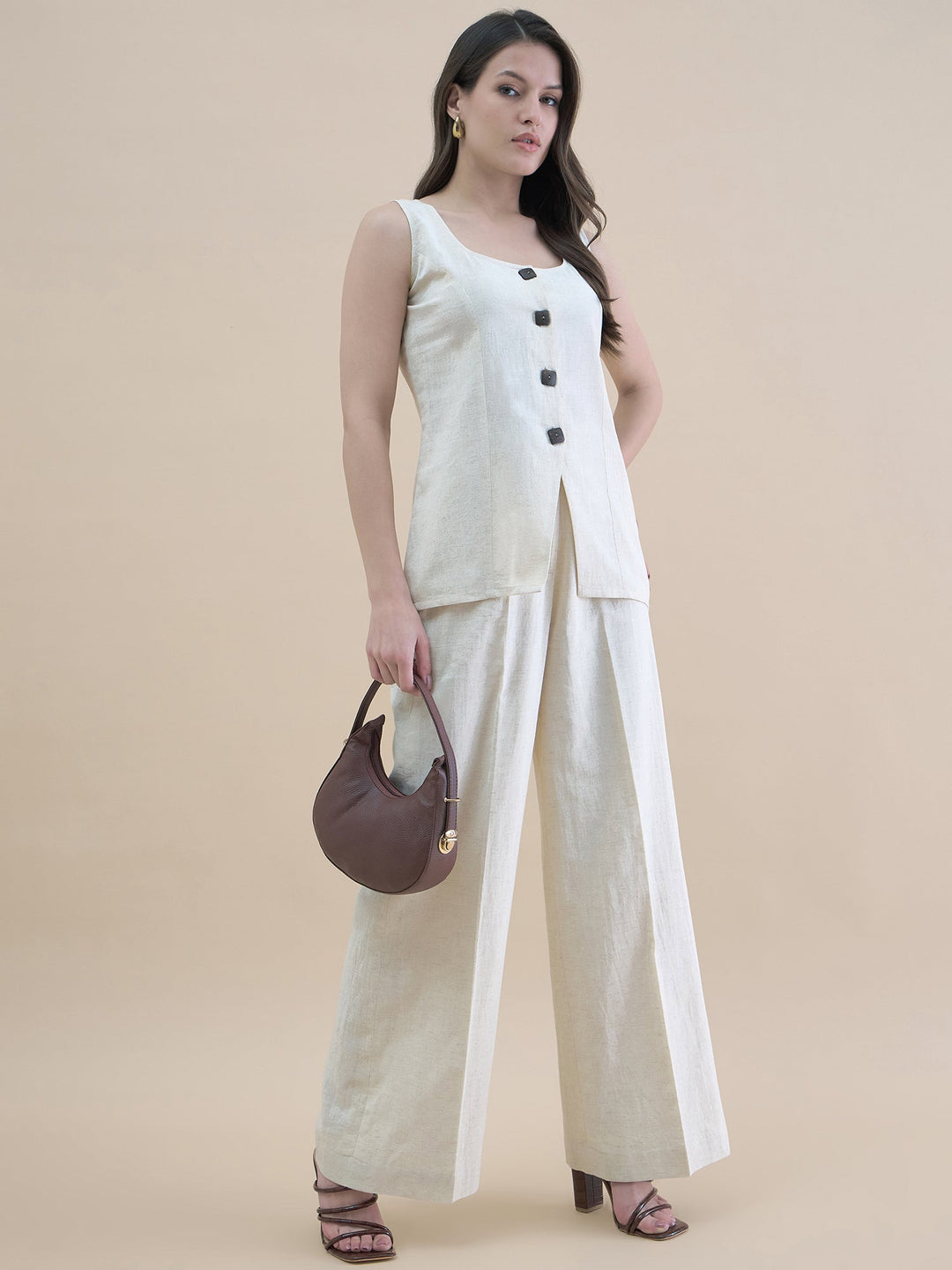 Light-Beige-Polyester-U-Neck-Waistcoat-&-Straight-Fit-Co-Ord