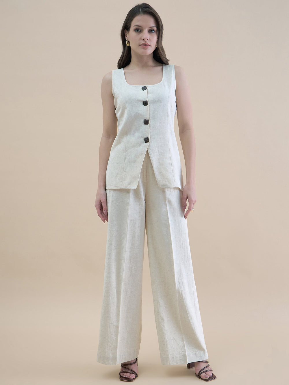 Light-Beige-Polyester-U-Neck-Waistcoat-&-Straight-Fit-Co-Ord