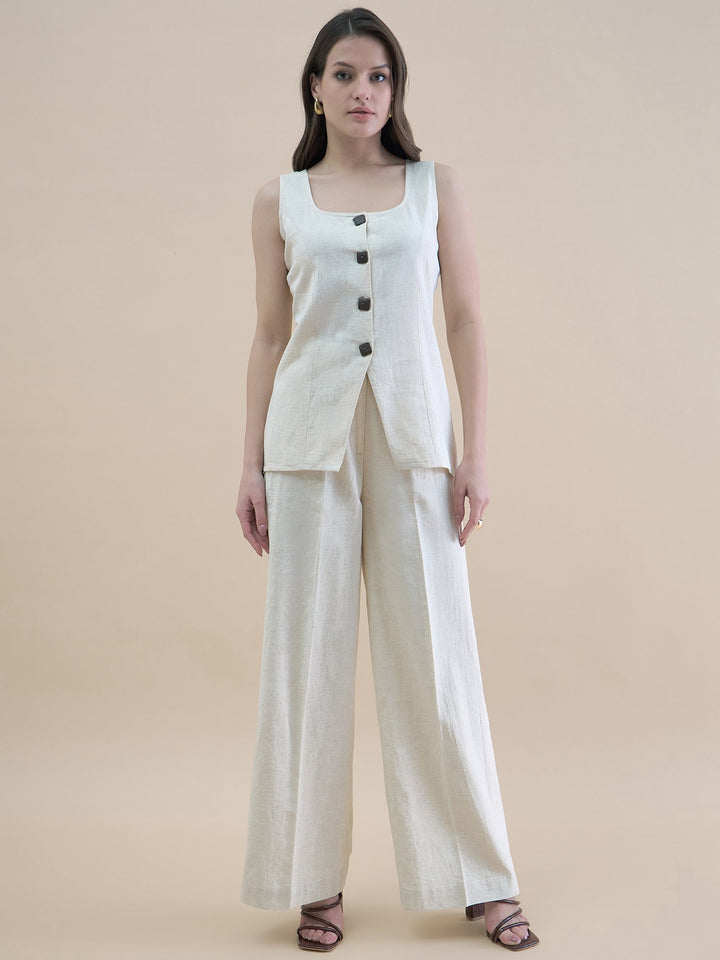 Light-Beige-Polyester-U-Neck-Waistcoat-&-Straight-Fit-Co-Ord