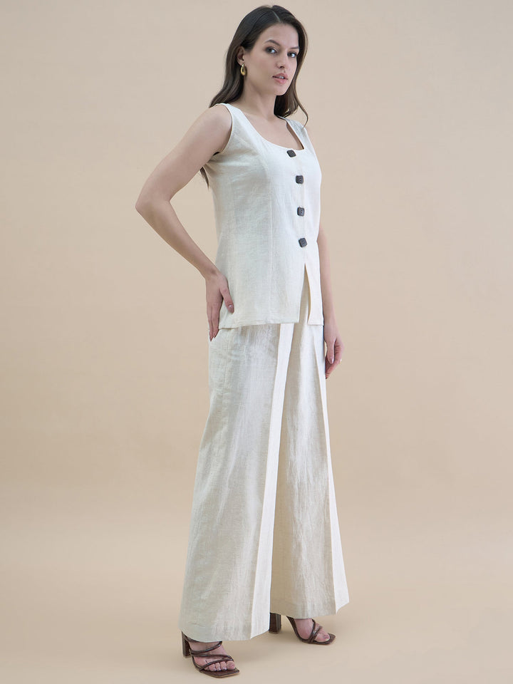 Light-Beige-Polyester-U-Neck-Waistcoat-&-Straight-Fit-Co-Ord